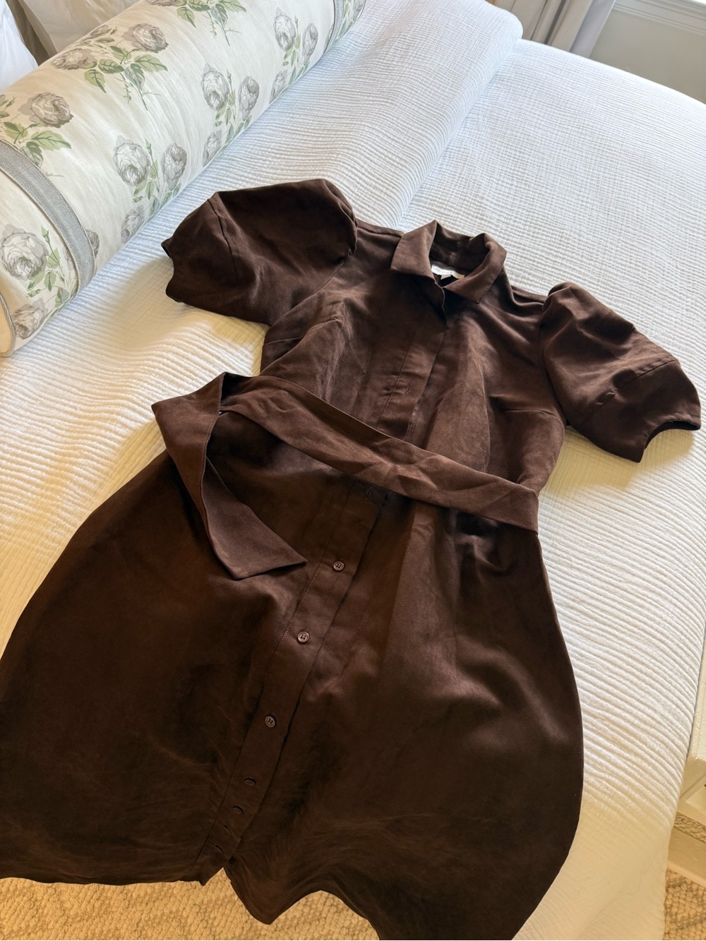 Crown & Ivy brown suede puff sleeve belted midi dress